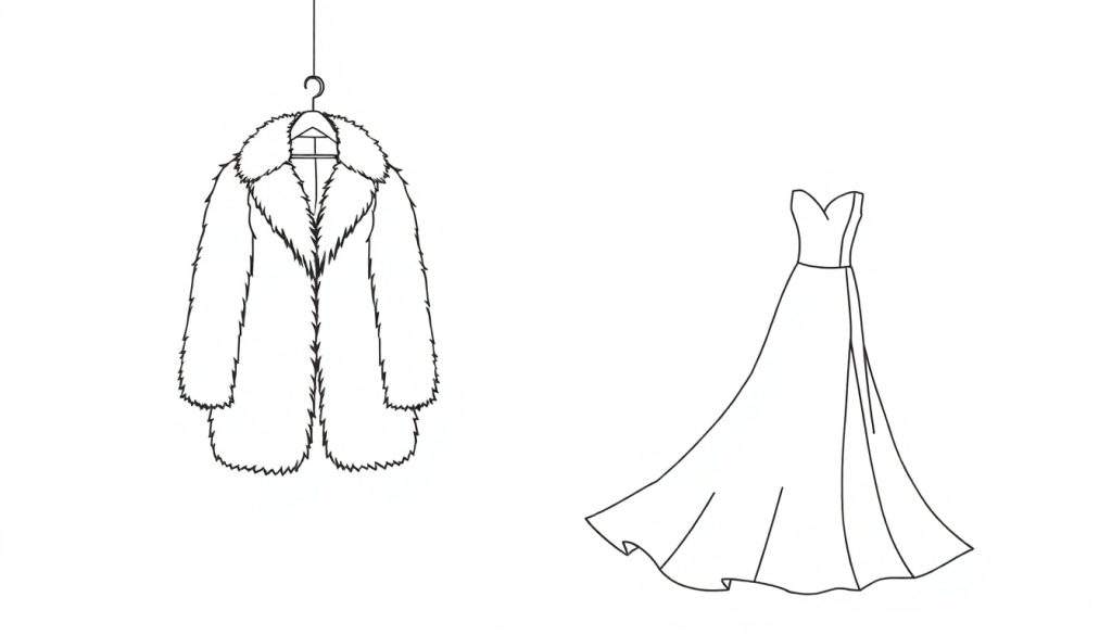 Lijntekening van een dikke, pluizige jas aan een hanger naast een elegante strapless jurk met hartvormige halslijn en wijd uitlopende rok, op een witte achtergrond.