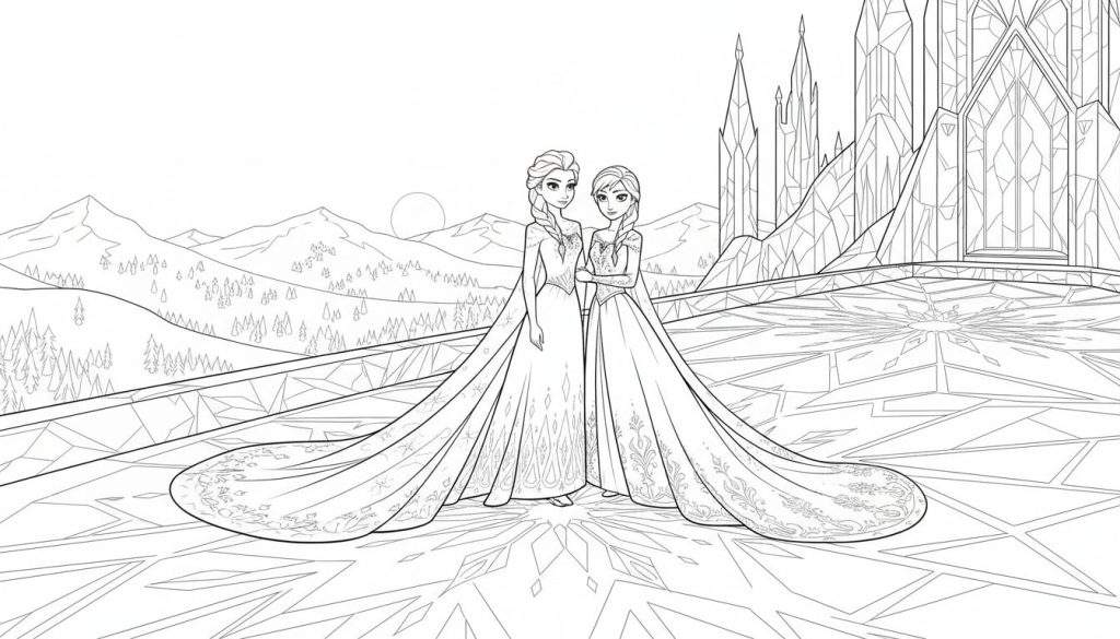 Kleurplaat van Elsa en Anna in Frozen-stijl, met een ijskasteel op de achtergrond, besneeuwde bergen en een winterse omgeving.