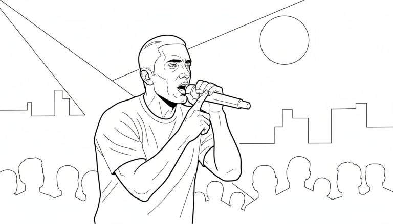 Kleurplaat van een rapper, lijkend op Eminem, die optreedt met een stadsgezicht en spotlightlicht op de achtergrond, en een publiek van silhouetten aan de onderkant.