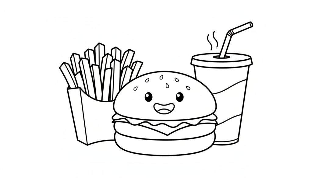Kleurplaat van een fastfoodmaaltijd bestaande uit een bakje frietjes, een lachende hamburger met sesamzaadjes op het broodje, en een beker met een rietje en damp.