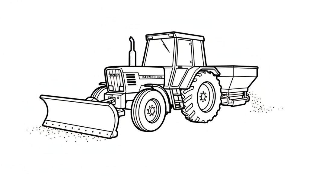 Zwart-witte lijntekening van een Fendt Farmer 308 tractor met een schuif en een strooier.