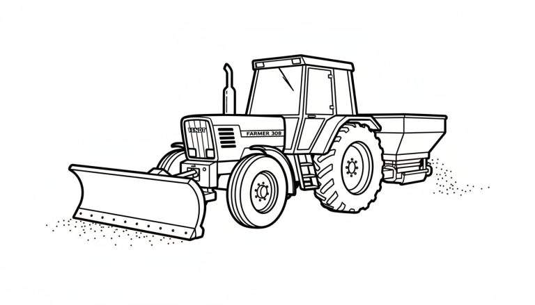 Zwart-witte lijntekening van een Fendt Farmer 308 tractor met een schuif en een strooier.