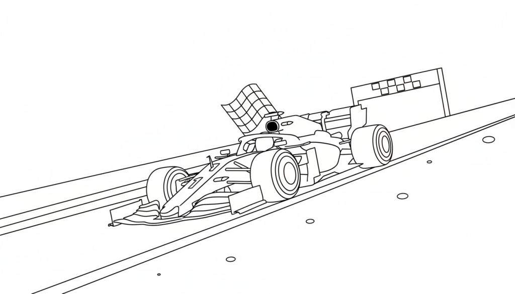 Zwart-wit lijntekening van een Formule 1 raceauto die de finishlijn passeert, met een finishvlag en finishbord.