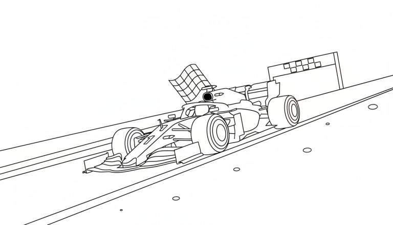 Zwart-wit lijntekening van een Formule 1 raceauto die de finishlijn passeert, met een finishvlag en finishbord.