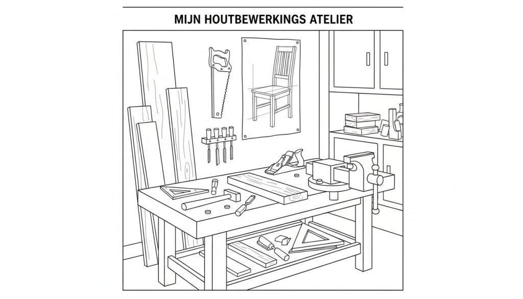 Zwart-wit lijntekening kleurplaat van een houtbewerkingsatelier met werkbank, bankschroef, gereedschap, blauwdruk en opbergkast.
