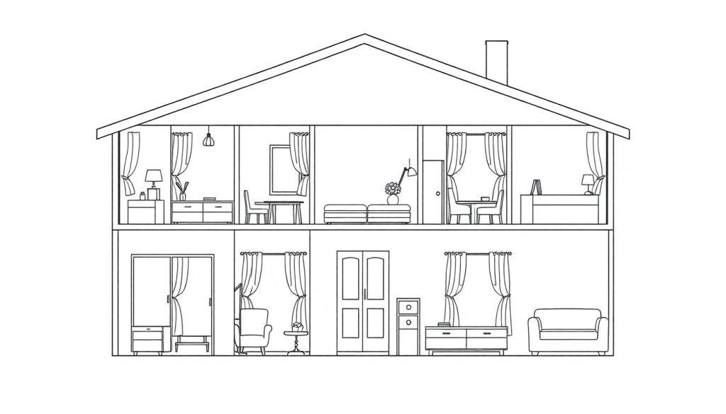 Zwart-wit lijntekening van een huis in doorsnede, met twee verdiepingen vol kamers en meubels.