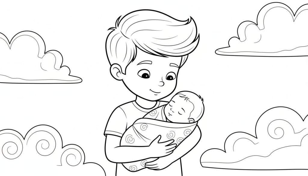 Kleurplaat van een jongen die een slapende baby vasthoudt, met wolken op de achtergrond.