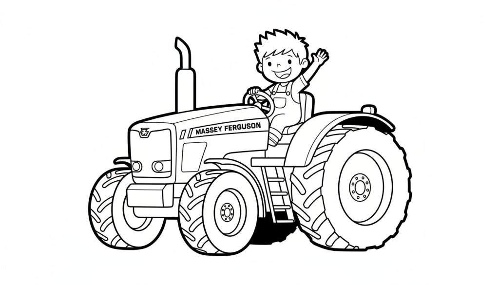 Zwart-wit lijntekening van een lachend jongetje met tuinbroek, zittend op een Massey Ferguson tractor en zwaaiend met één hand.