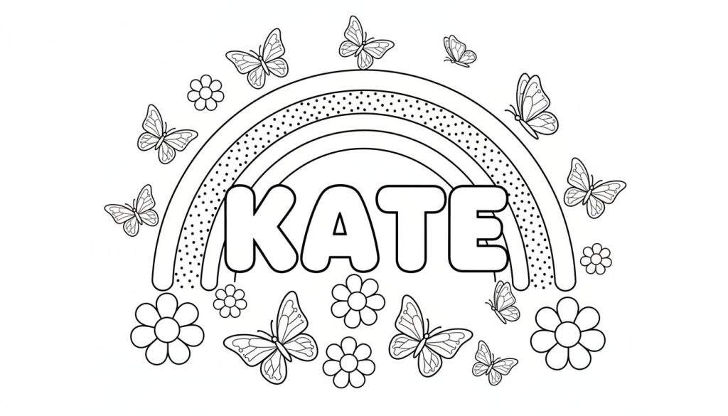 Zwart-witte kleurplaat met de naam 'KATE' in speelse letters, omringd door een regenboog, vlinders en bloemen met ronde blaadjes.