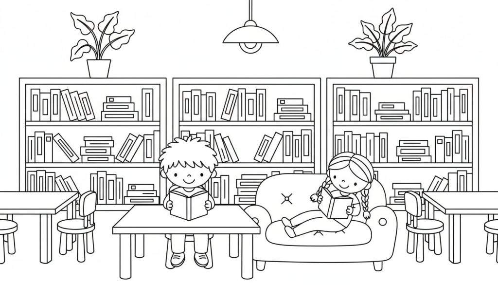 Kleurplaat van een jongen die aan een tafel leest en een meisje dat in een fauteuil leest, omringd door boekenkasten.