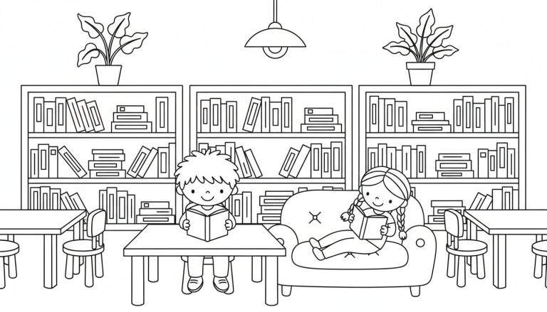 Kleurplaat van een jongen die aan een tafel leest en een meisje dat in een fauteuil leest, omringd door boekenkasten.