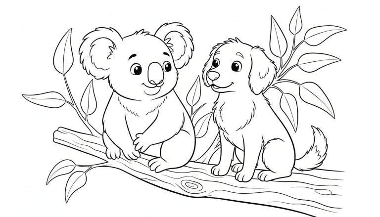 Zwart-wit kleurplaat van een vriendelijke koala en een lachende hond met hangoren, zittend op een boomtak met bladeren.