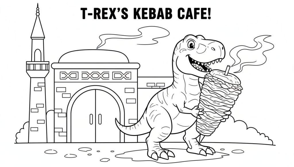 Kleurplaat van een lachende T-Rex die een grote spies met kebab vasthoudt, voor een gebouw met een koepel en minaret. Boven de afbeelding staat 'T-REX'S KEBAB CAFE!'.