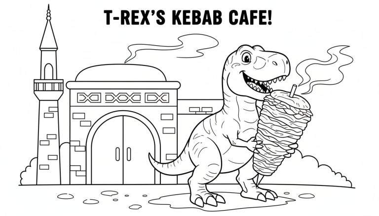 Kleurplaat van een lachende T-Rex die een grote spies met kebab vasthoudt, voor een gebouw met een koepel en minaret. Boven de afbeelding staat 'T-REX'S KEBAB CAFE!'.