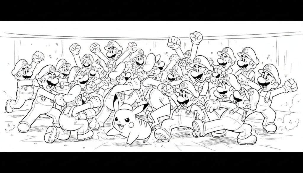 Zwart-wit kleurplaat van een menigte Luigi's en Mario's die rennen en juichen, met een Pikachu op de voorgrond.