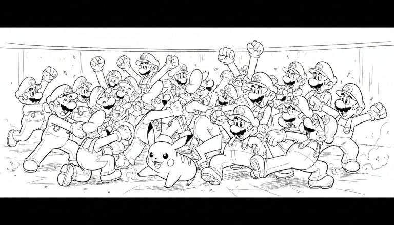 Zwart-wit kleurplaat van een menigte Luigi's en Mario's die rennen en juichen, met een Pikachu op de voorgrond.