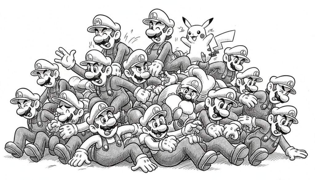 Zwart-wit tekening van een grote groep Mario en Luigi figuren die op elkaar gestapeld zijn, met Pikachu springend rechtsboven, omringd door bliksemschichten. Ze hebben lachende en verbaasde gezichten.
