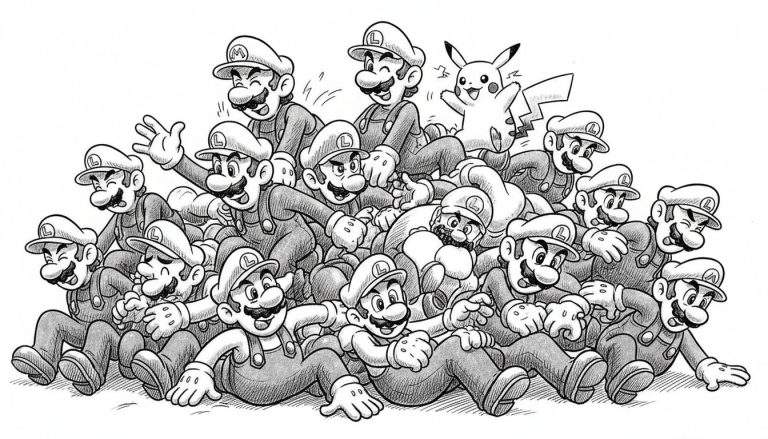 Zwart-wit tekening van een grote groep Mario en Luigi figuren die op elkaar gestapeld zijn, met Pikachu springend rechtsboven, omringd door bliksemschichten. Ze hebben lachende en verbaasde gezichten.
