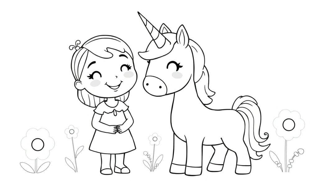 Zwart-wit kleurplaat van een blij meisje en een eenhoorn, omringd door bloemen.