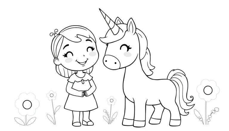 Zwart-wit kleurplaat van een blij meisje en een eenhoorn, omringd door bloemen.