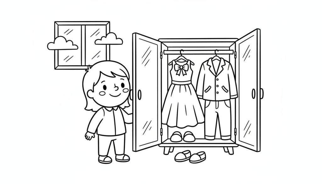 Kleurplaat van een jong meisje met kort haar dat glimlacht voor een open kledingkast. Binnenin de kast hangen een jurk en een pak. Op de bodem staan schoenen.
