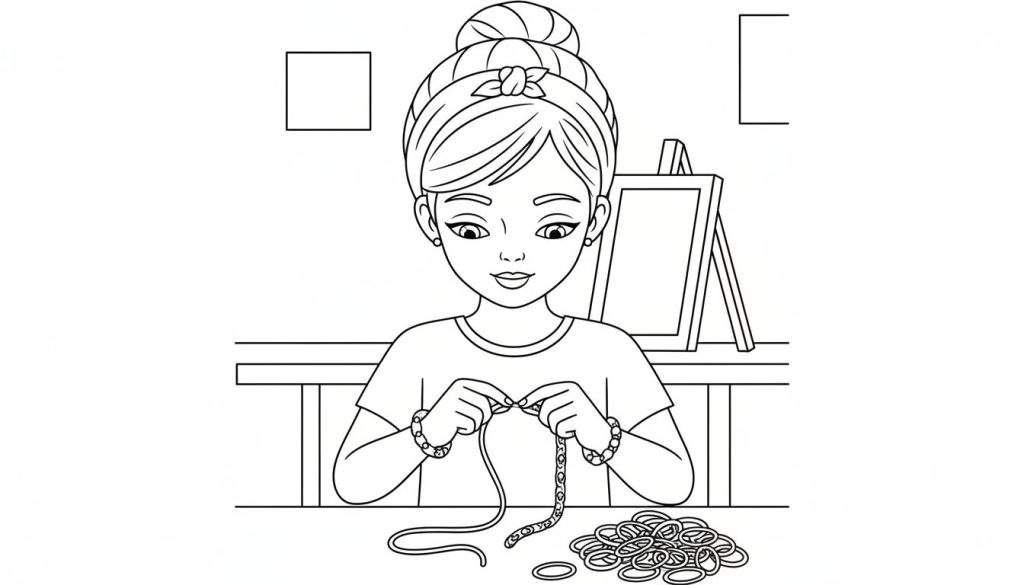 Zwart-wit lijntekening van een jong meisje met opgestoken haar en armbanden die aan een tafel zit om sieraden te maken. Er liggen ringen op tafel en op de achtergrond staat een schildersezel.