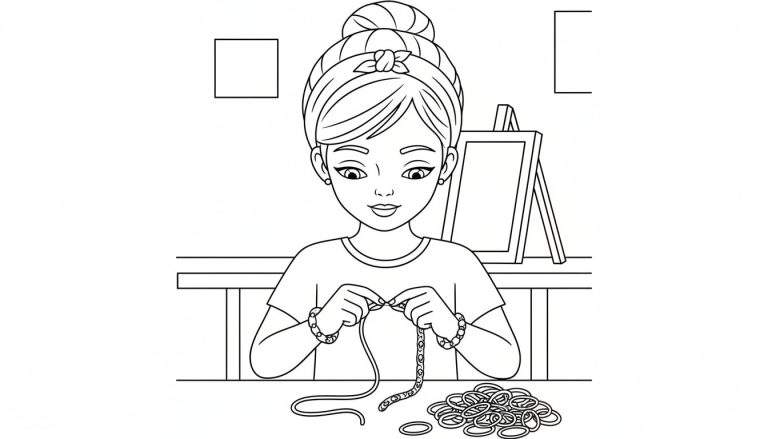 Zwart-wit lijntekening van een jong meisje met opgestoken haar en armbanden die aan een tafel zit om sieraden te maken. Er liggen ringen op tafel en op de achtergrond staat een schildersezel.