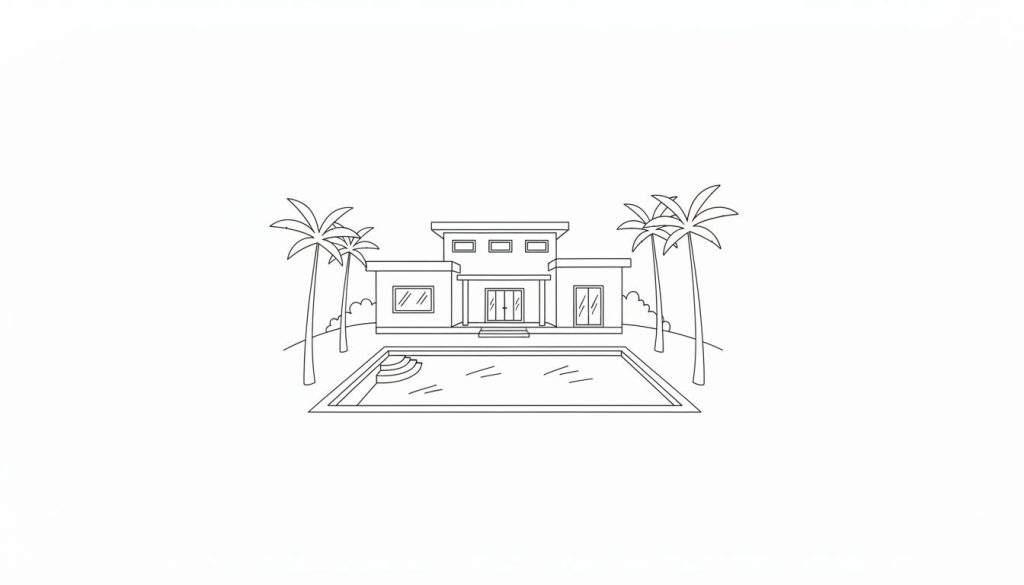 Kleurplaat van een modern huis met plat dak, grote ramen, dubbele entree, rechthoekig zwembad met treden, en vier palmbomen.