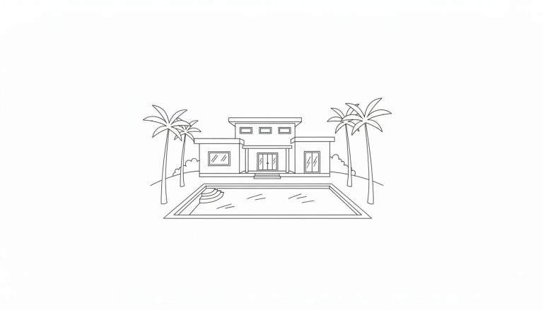 Kleurplaat van een modern huis met plat dak, grote ramen, dubbele entree, rechthoekig zwembad met treden, en vier palmbomen.