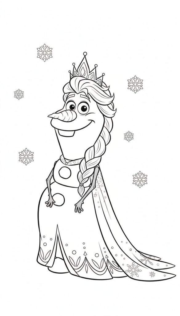 Kleurplaat van Olaf de sneeuwman met een kroon en jurk, lijkend op koningin Elsa.
