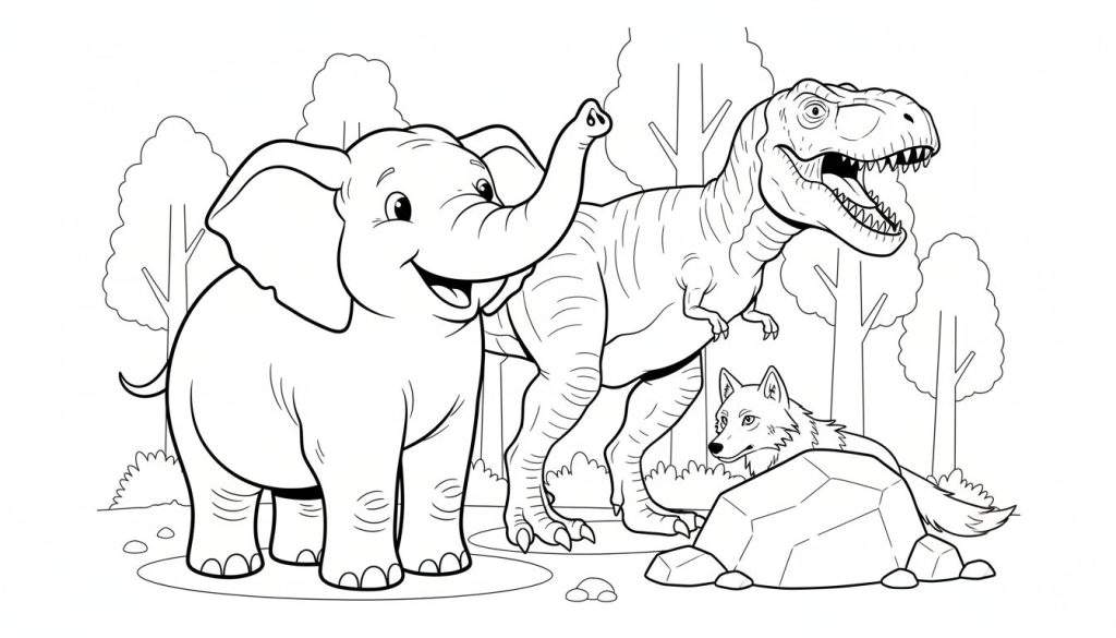 Zwart-wit lijntekening kleurplaat met een vrolijke olifant met slurf omhoog, een T-Rex met open bek, een wolf liggend achter een rots, en bomen op de achtergrond.