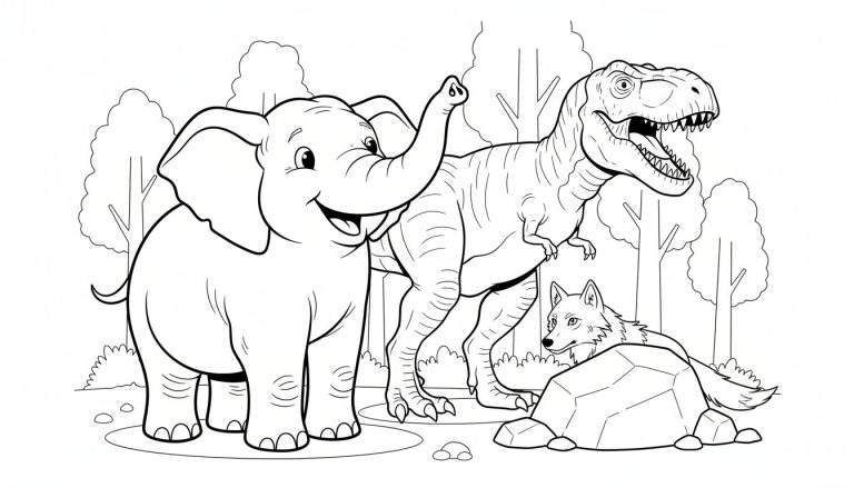 Zwart-wit lijntekening kleurplaat met een vrolijke olifant met slurf omhoog, een T-Rex met open bek, een wolf liggend achter een rots, en bomen op de achtergrond.