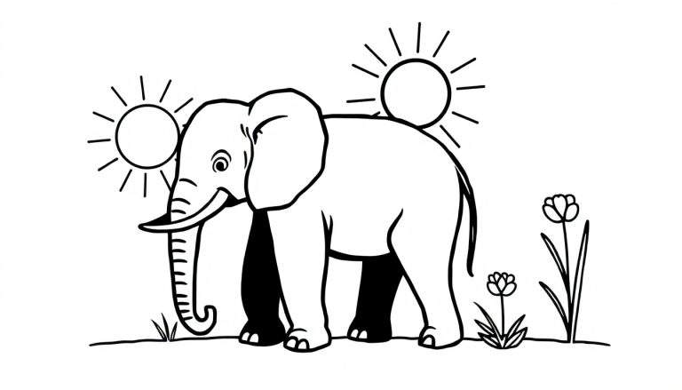 Kleurplaat van een zwarte lijntekening van een olifant onder twee zonnen met gras en bloemen. De onderbenen van de olifant zijn al zwart gekleurd.