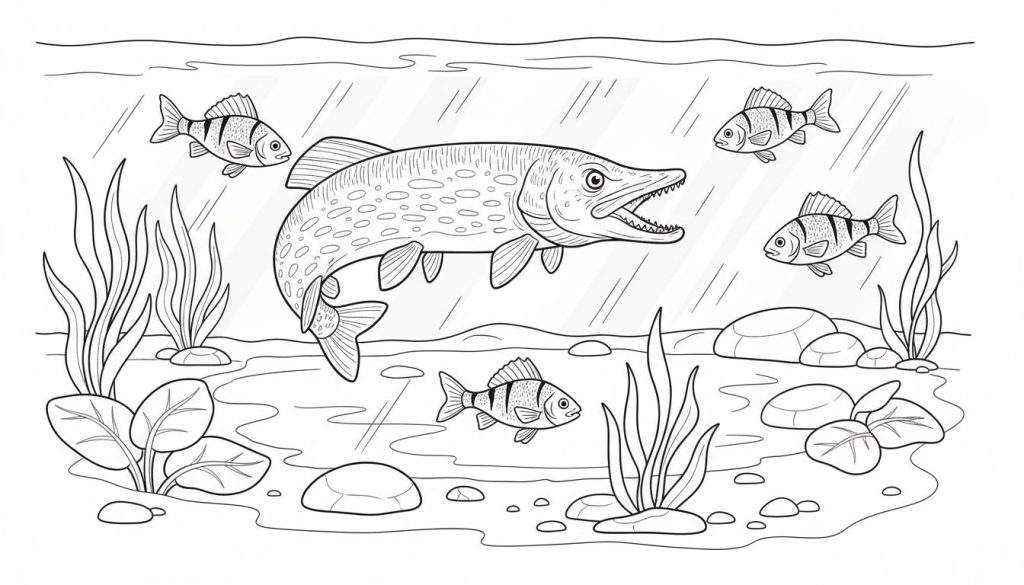 Zwart-witte kleurplaat van een onderwaterscène met een grote snoek, zes kleinere baarsjes, waterplanten en stenen op de bodem. Wateroppervlak met golvende lijn en diagonale lijnen in de achtergrond.