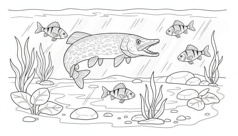 Zwart-witte kleurplaat van een onderwaterscène met een grote snoek, zes kleinere baarsjes, waterplanten en stenen op de bodem. Wateroppervlak met golvende lijn en diagonale lijnen in de achtergrond.