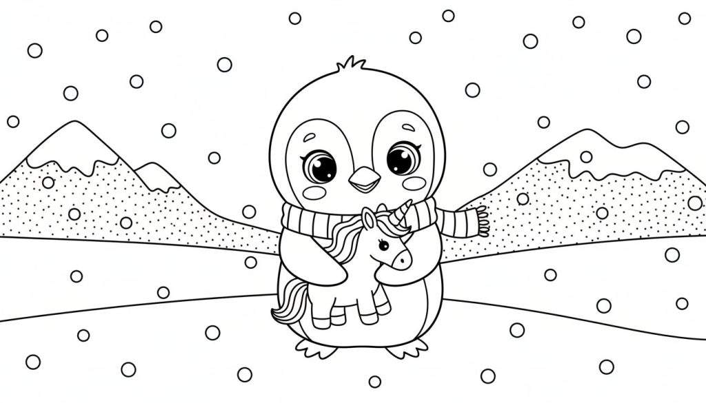 Kleurplaat van een schattige pinguïn met een gestreepte sjaal die een kleine eenhoorn vasthoudt, tegen een achtergrond van besneeuwde bergen en vallende sneeuwvlokken.
