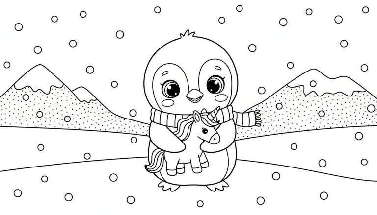 Kleurplaat van een schattige pinguïn met een gestreepte sjaal die een kleine eenhoorn vasthoudt, tegen een achtergrond van besneeuwde bergen en vallende sneeuwvlokken.