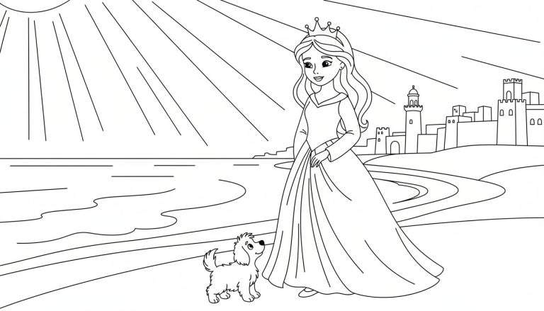 Zwart-wit kleurplaat van een lachende prinses met kroon en lange jurk, staand naast een opkijkende pluizige hond op een pad. Op de achtergrond een kasteel en een zon met stralen.