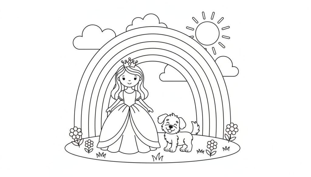 Kleurplaat van een prinses met kroon en jurk, naast een blij hondje, met een grote regenboog, wolken, zon en bloemen op de voorgrond.