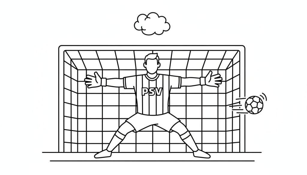 Zwart-witte lijntekening van een PSV voetbalkeeper die een bal stopt voor een doel, met een voetbal en een wolkje.