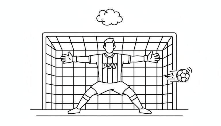 Zwart-witte lijntekening van een PSV voetbalkeeper die een bal stopt voor een doel, met een voetbal en een wolkje.