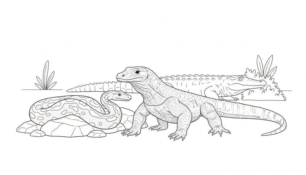 Kleurplaat met een grote Komodovaraan vooraan, een opgerolde slang links op stenen en een krokodilachtige rechts in begroeiing.