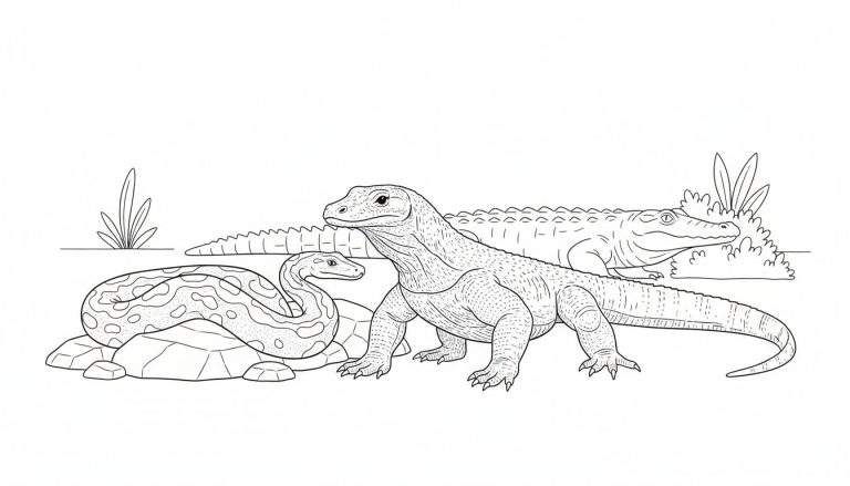 Kleurplaat met een grote Komodovaraan vooraan, een opgerolde slang links op stenen en een krokodilachtige rechts in begroeiing.