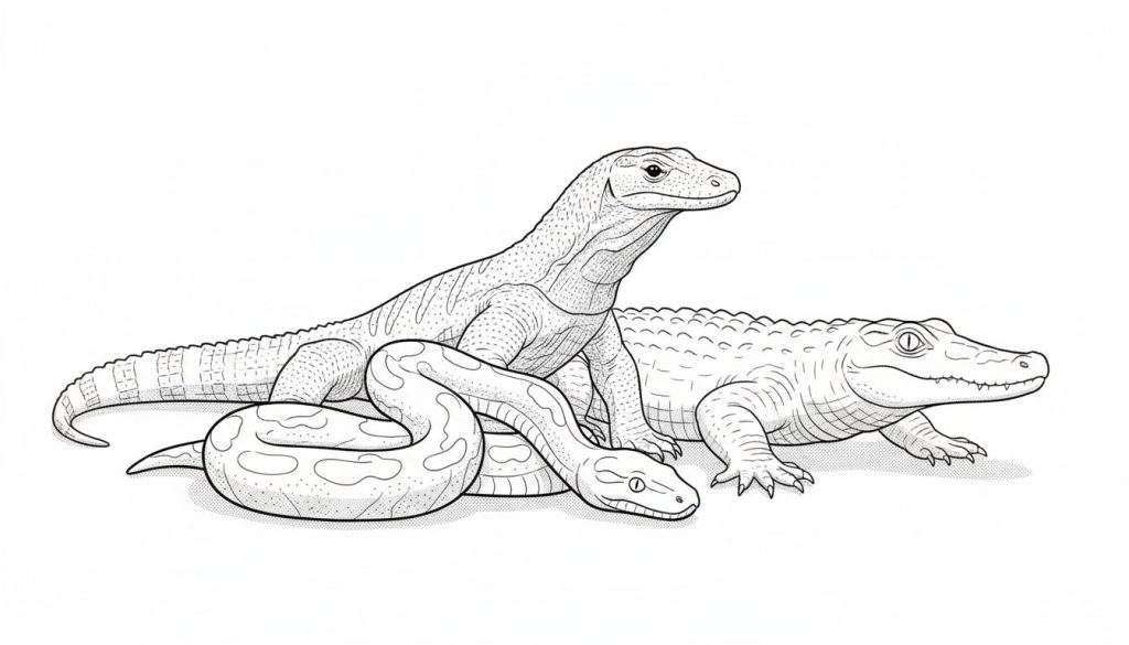 Kleurplaat met een grote varaan, een opgerolde slang en een krokodil, gedetailleerd getekend met schubben en stippelwerk.