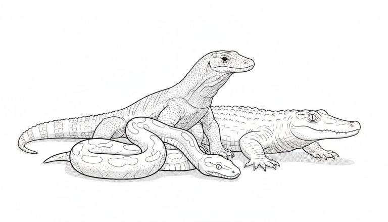 Kleurplaat met een grote varaan, een opgerolde slang en een krokodil, gedetailleerd getekend met schubben en stippelwerk.