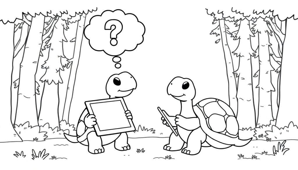 Kleurplaat van twee vrolijke schildpadden in een bosrijke omgeving, waarbij de ene schildpad een vraagteken in een denkballon heeft en de andere een pen vasthoudt.