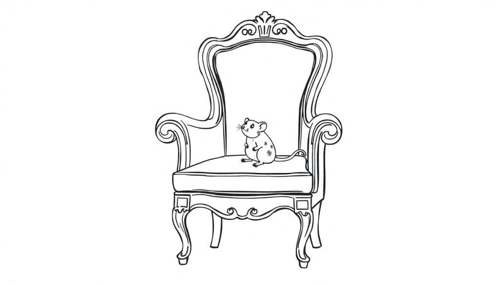 Zwart-witte lijntekening van een grote, versierde stoel met een kleine muis op de zitting.