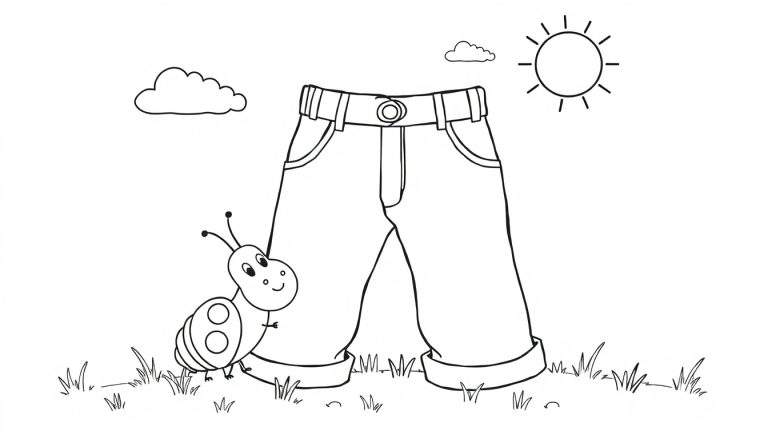 Kleurplaat van een spijkerbroek met opgerolde pijpen, een lachend lieveheersbeestje ernaast, gras onderaan en een zon met wolken in de lucht.