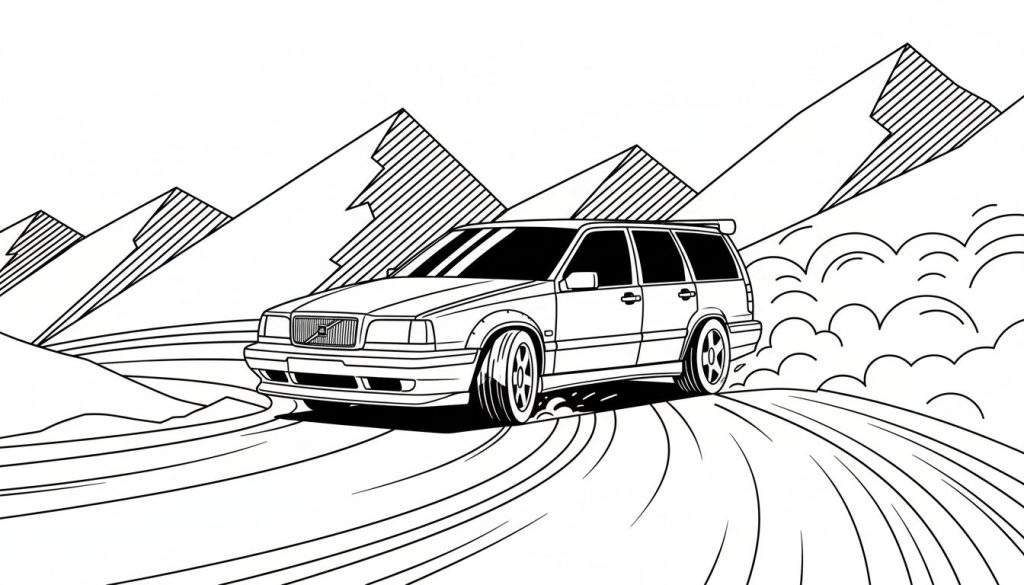 Zwart-wit kleurplaat van een sportieve stationwagen die drift met opstuivend materiaal, tegen een achtergrond van gestileerde bergen.