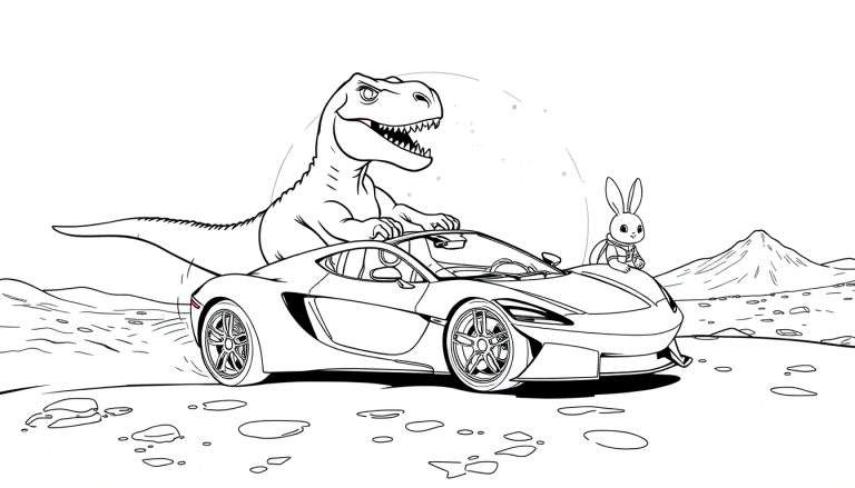 Zwart-wit lijntekening van een T-Rex die een sportwagen inhaalt, met een konijntje op de motorkap, onder een grote cirkel in de lucht.